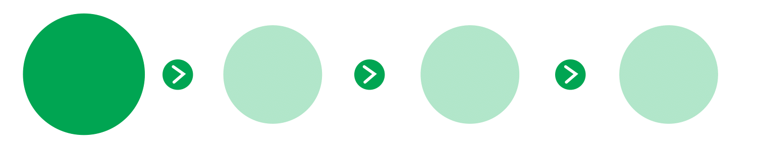 A sequence of five circles decreasing in size and fading in color from left to right. Each circle contains a white arrow pointing to the right.