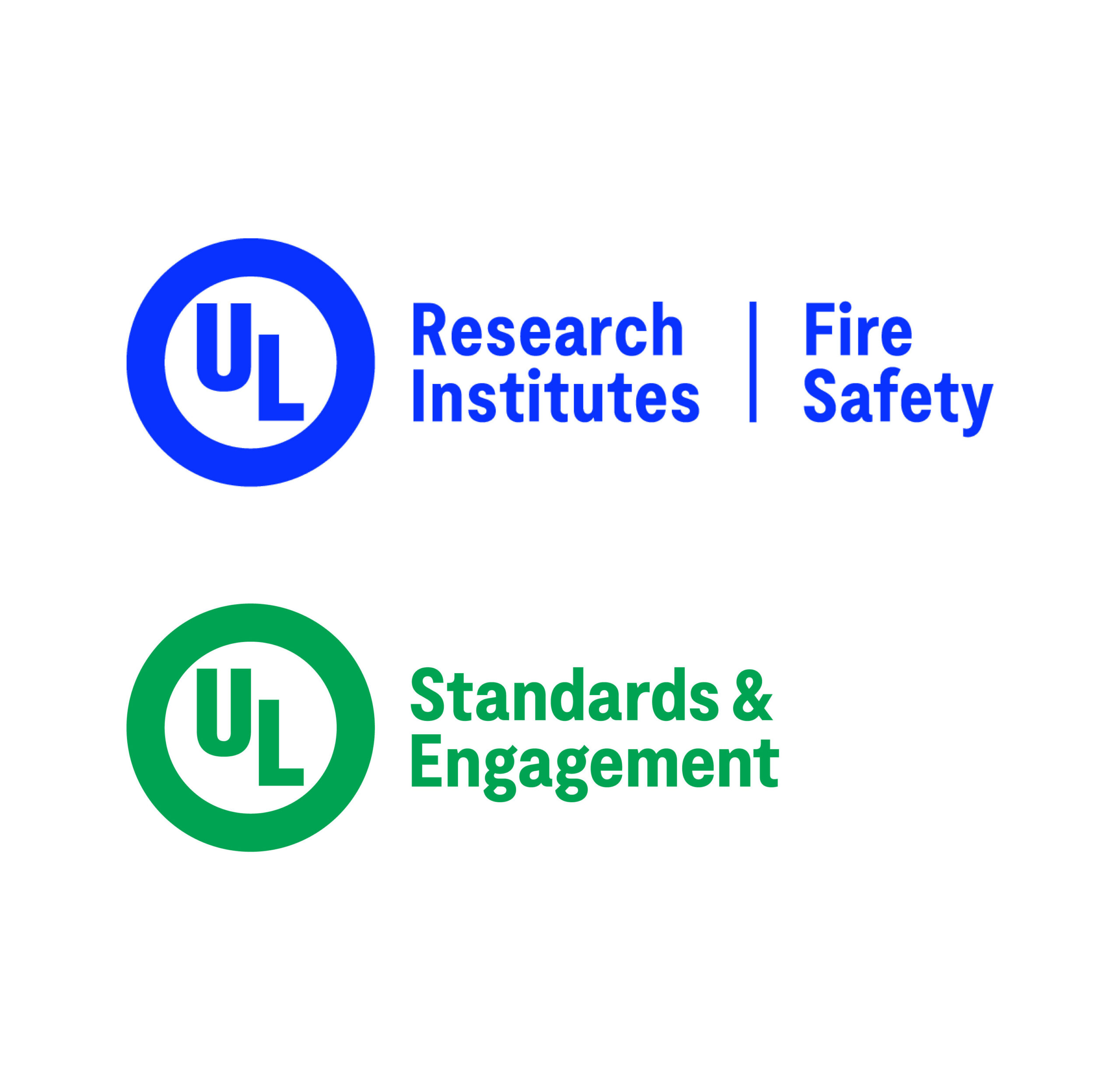 Two UL logos: the top is blue with the text "Research Institutes | Fire Safety"; the bottom is green with the text "Standards & Engagement." Both feature the UL letters inside a circle.