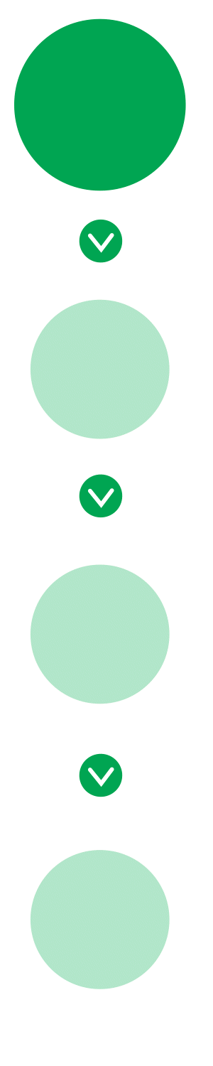 A vertical flowchart with five green circles, each connected by a green downward arrow, gradually fading in color from top to bottom. The background is white.