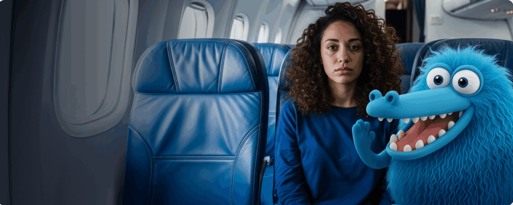 A woman with curly hair sits on an airplane next to an empty seat and a smiling, blue, furry cartoon creature waving its hand, highlighting aviation safety by reminding passengers about the risks of lithium-ion battery fires on planes.