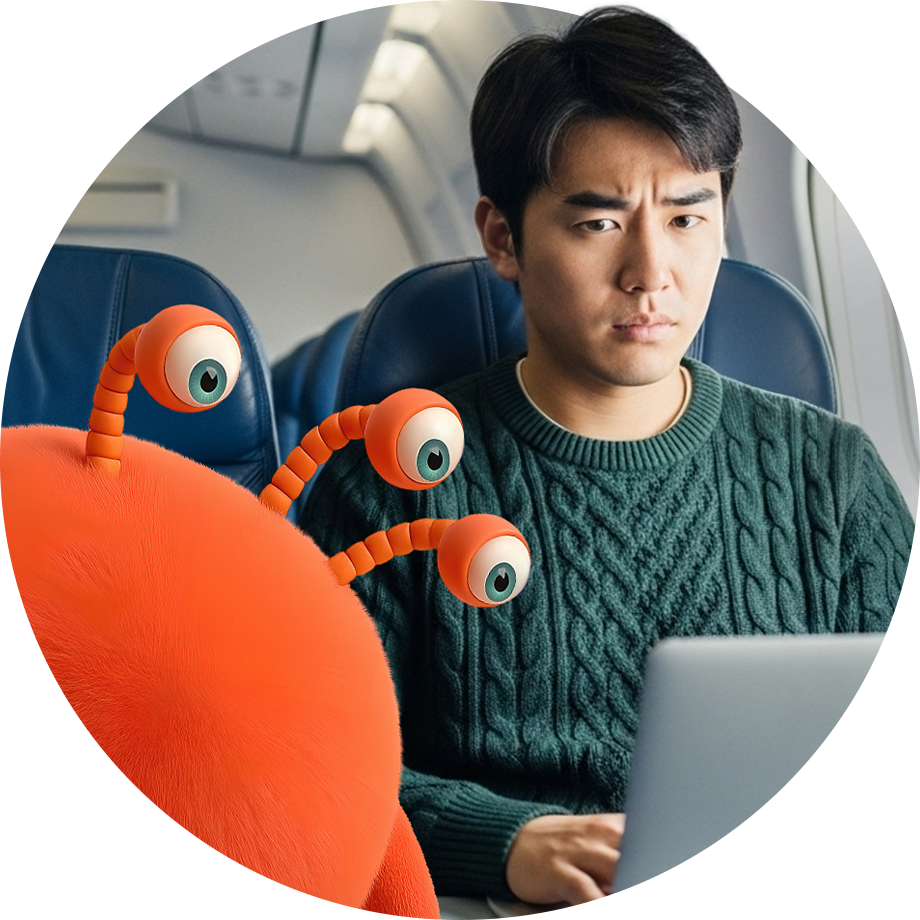 A man in a green sweater sits on an airplane using a laptop, looking uneasy as a fuzzy orange cartoon creature with three eyestalks warns him about aviation risks like lithium-ion battery fires on planes.