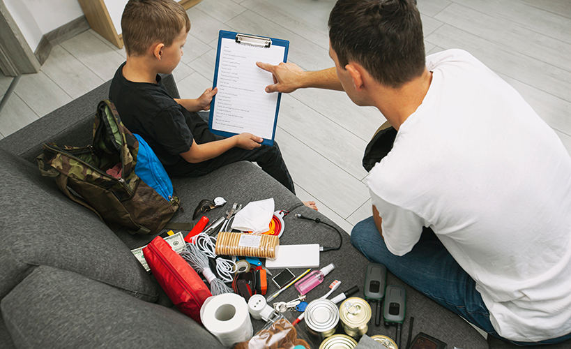 An adult and a child sit on a couch, reviewing a checklist on a clipboard. Various emergency supplies, including canned food, gadgets, and toiletries, are spread out on the couch in front of them.