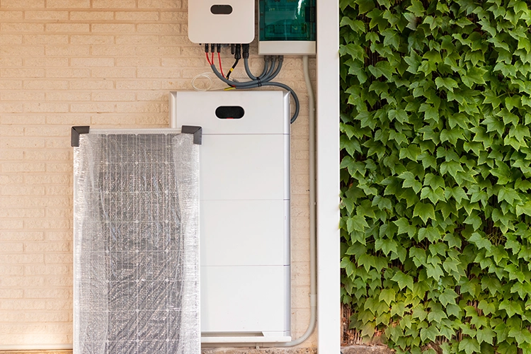 A solar panel wrapped in plastic leans against a wall next to a mounted home battery storage system and electrical boxes. Green ivy grows on the adjacent portion of the wall.