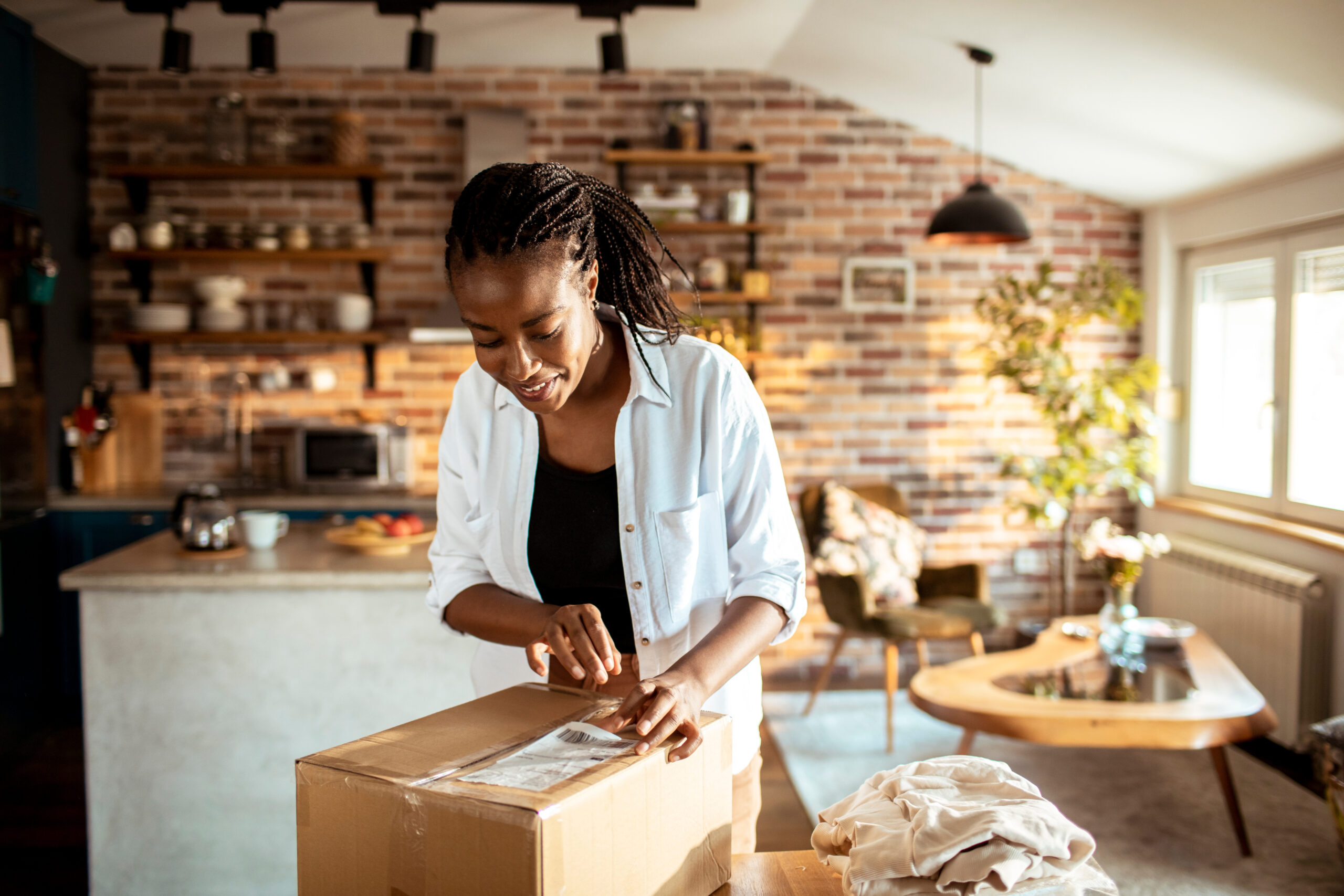A woman smiles as she opens a cardboard box in a cozy, sunlit kitchen with exposed brick walls and shelves filled with dishes and decor.