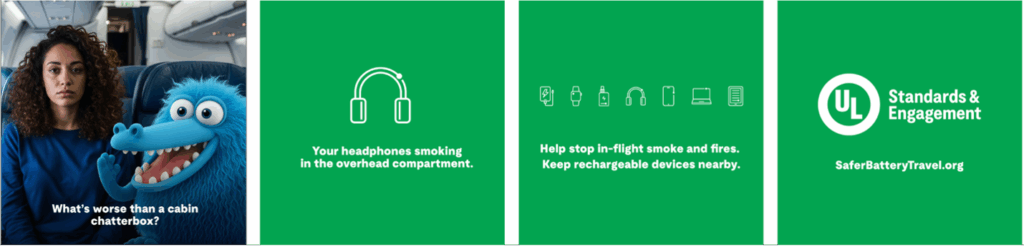 A woman sits in an airplane seat next to a blue puppet. Text reads, “What’s worse than a cabin chatterbox?” The next panels warn about headphones smoking in overhead compartments and advise safe battery use when traveling.