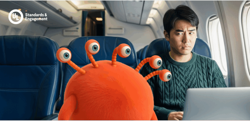 A man sits in an airplane seat using a laptop, looking concerned at a cartoonish orange creature with multiple eyes sitting beside him. The UL Standards & Engagement logo is in the top left corner.