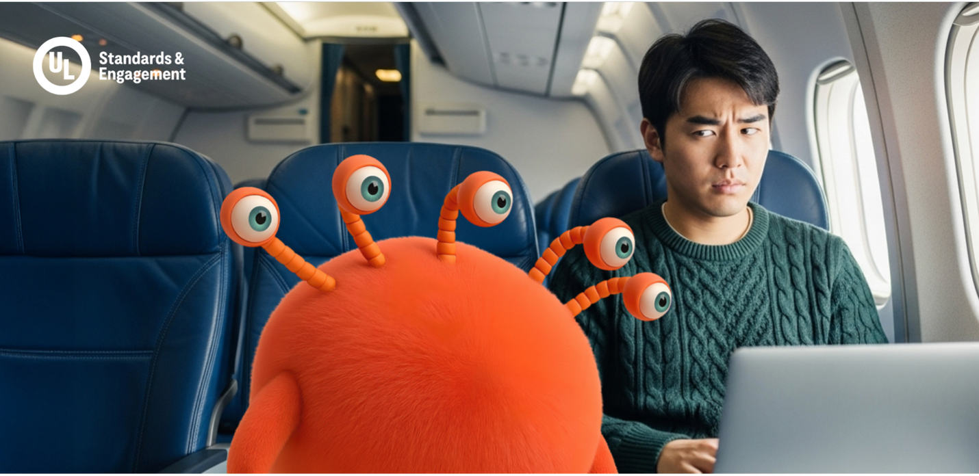A man sits in an airplane seat using a laptop, looking concerned at a cartoonish orange creature with multiple eyes sitting beside him. The UL Standards & Engagement logo is in the top left corner.