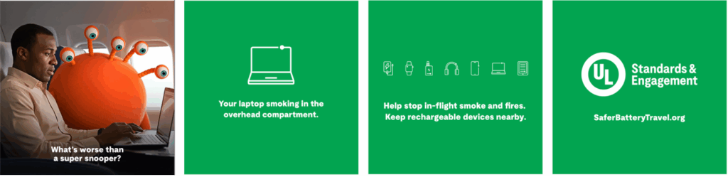 A man on an airplane works on his laptop, while an illustrated orange creature labeled “super snooper” peers over his shoulder. Adjacent panels warn against laptops smoking overhead and promote safe rechargeable device storage.