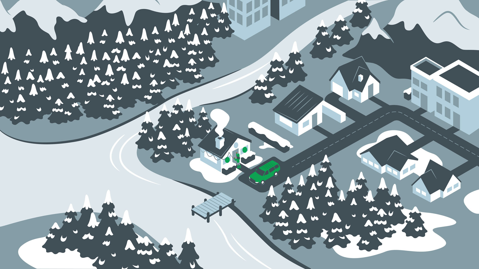 A snowy neighborhood scene with houses, snow-covered trees, and a winding road. A green car is parked outside a house with smoke coming from the chimney. A small bridge crosses a frozen river nearby.