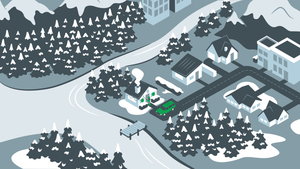 An aerial winter scene of a snowy town with houses, trees, a river, a bridge, and a parked green car. Smoke rises from a chimney, and snow covers rooftops, trees, and the surrounding landscape.