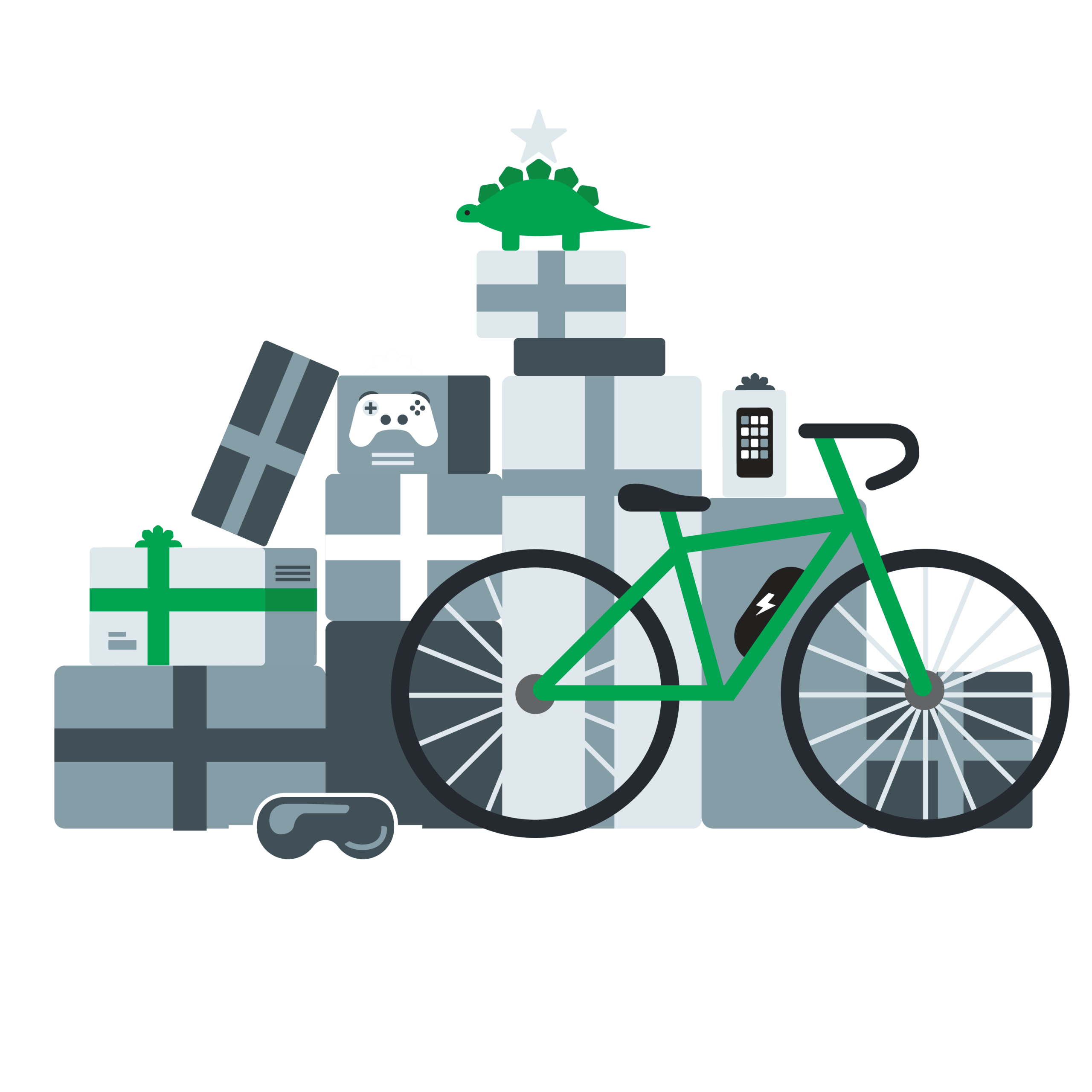 A green bicycle is in front of a stack of wrapped gifts, including boxes with ribbons, a video game controller, a toy dinosaur, a smartphone, and a virtual reality headset.