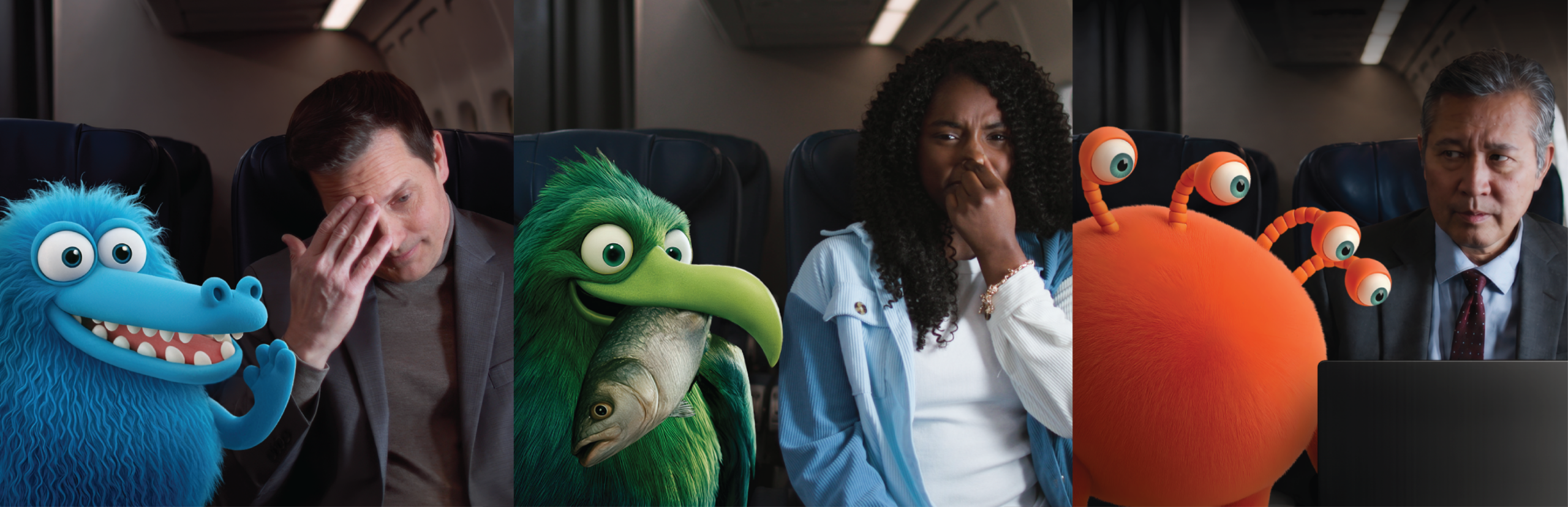 Three pairs sit on a plane: a blue cartoon creature with a man facepalming, a green bird with a fish and a woman covering her nose, and an orange alien with a businessman using a laptop, all reacting to news of an aviation safety alert about battery fire on plane.