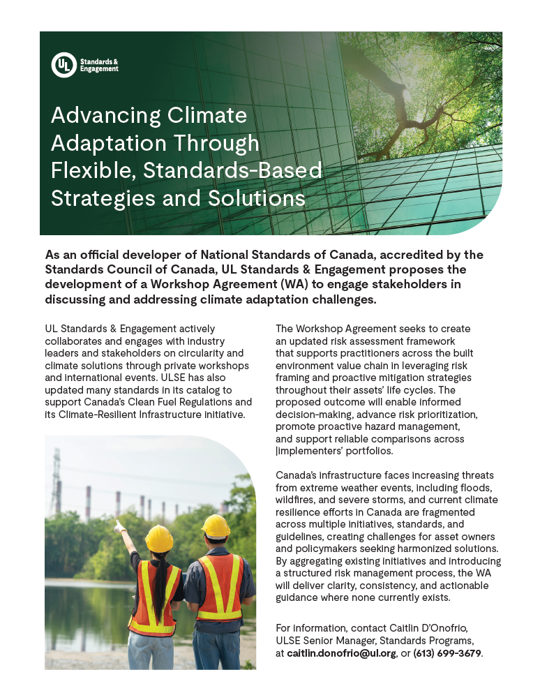 Flyer titled “Advancing Climate Adaptation Through Flexible, Standards-Based Strategies and Solutions” features a summary about UL Standards & Engagement’s workshop on climate adaptation, with a photo of two workers in hard hats on site.