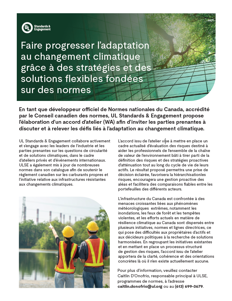 Flyer in French from UL Standards & Engagement about advancing climate change adaptation through standards-based strategies and solutions, including a brief explanation and a photo of people walking outside near trees and tall buildings.