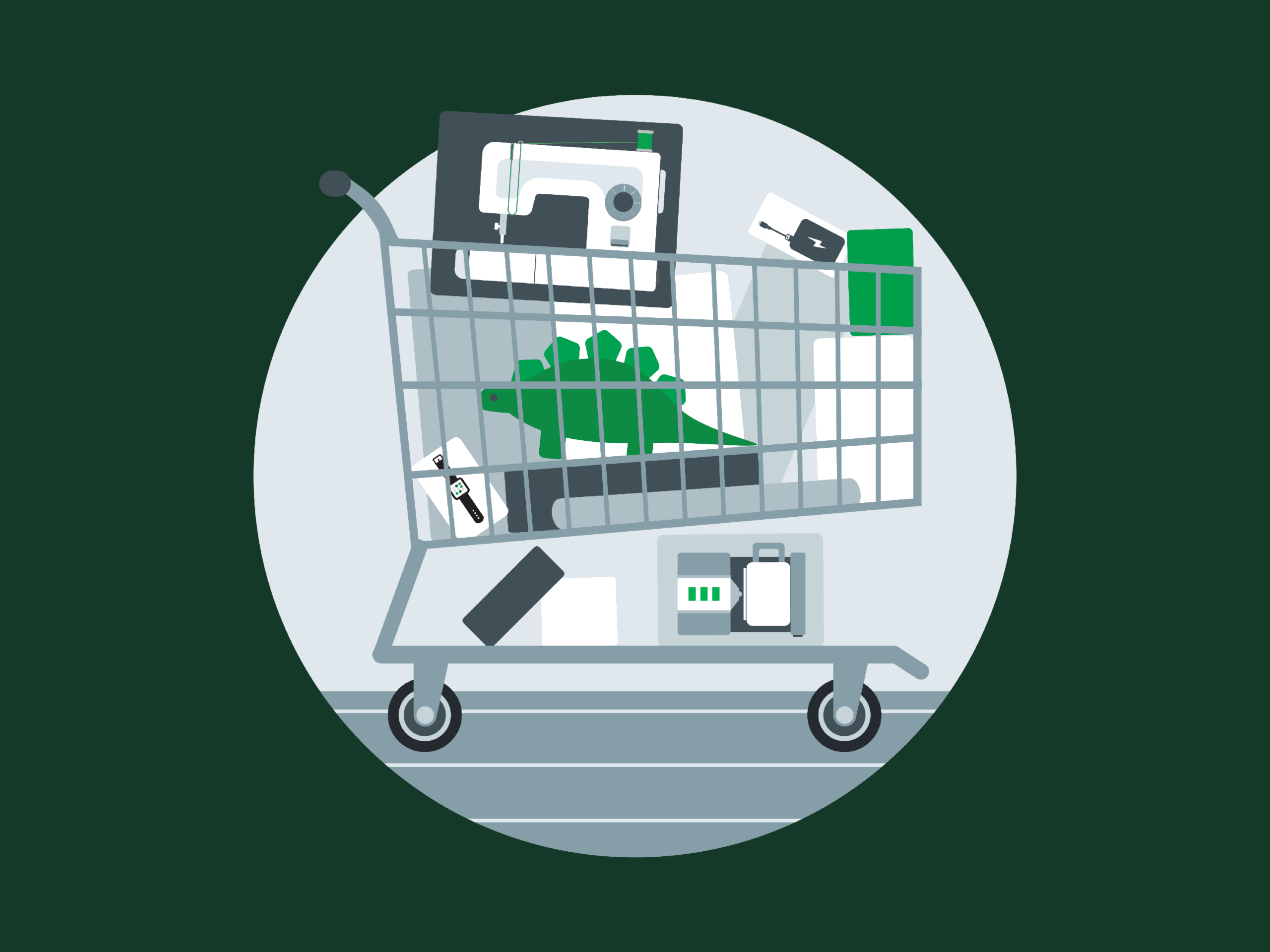 A shopping cart containing a sewing machine, a green dinosaur figure, a smartwatch, a battery pack, and various boxes.