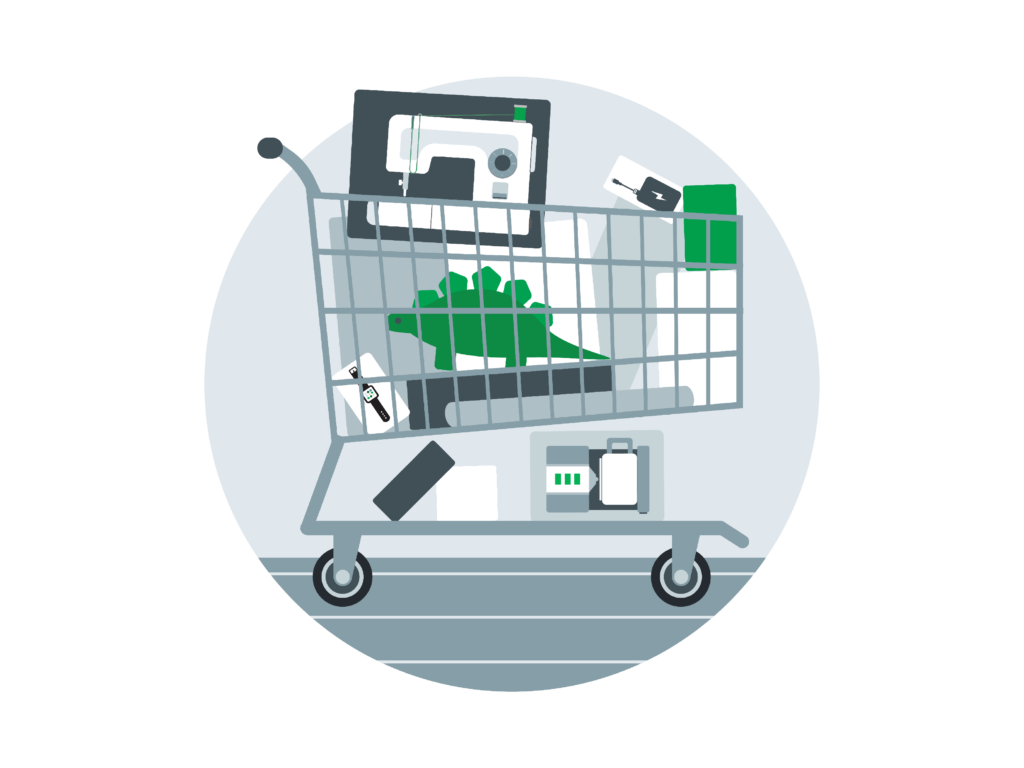 A shopping cart filled with various items, including a sewing machine, a green dinosaur silhouette, a smartwatch, and electronic accessories.